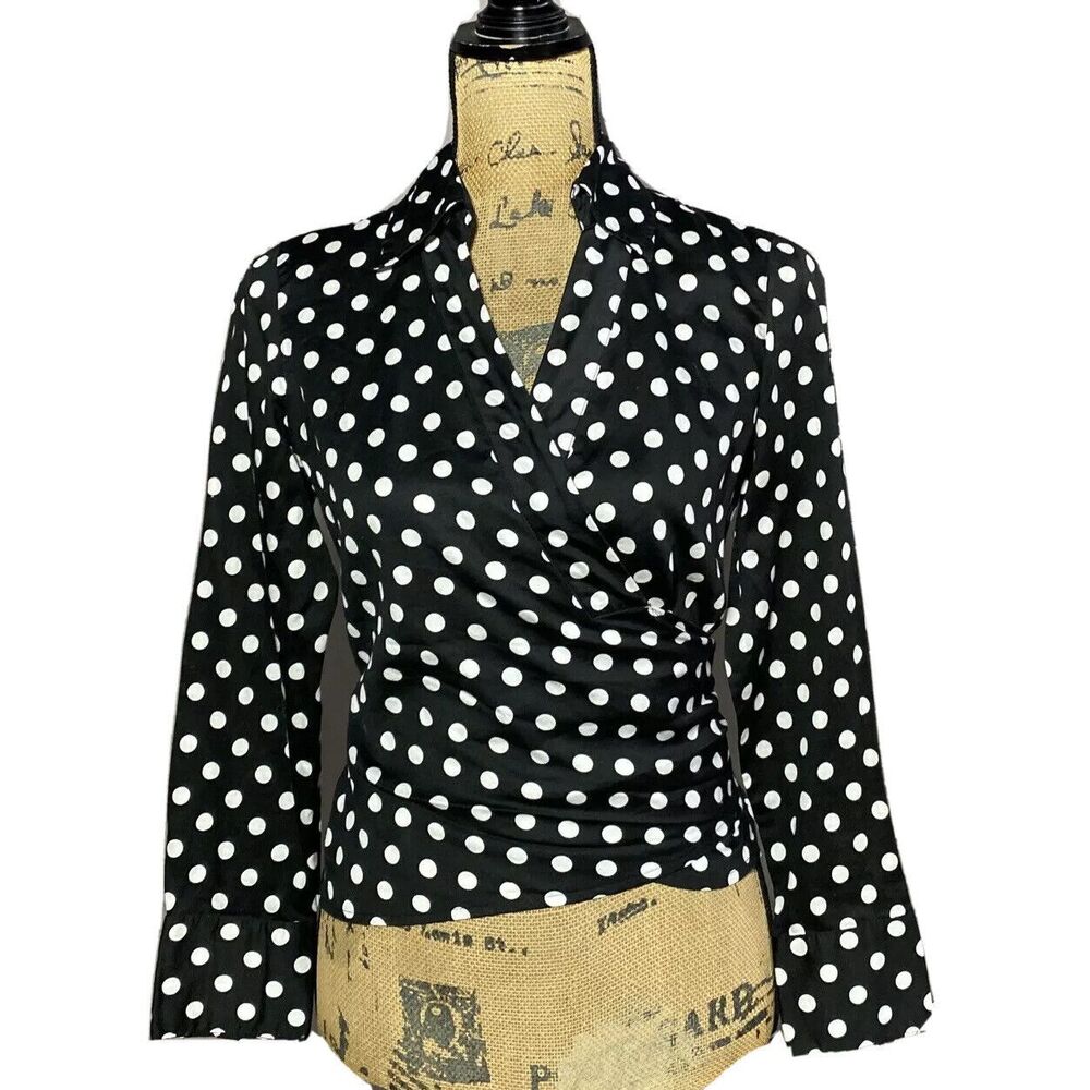 Talbots‎ Wrap Top 8P Black White Polka Dot Cotton 3/4 Sl Shirt Career Party